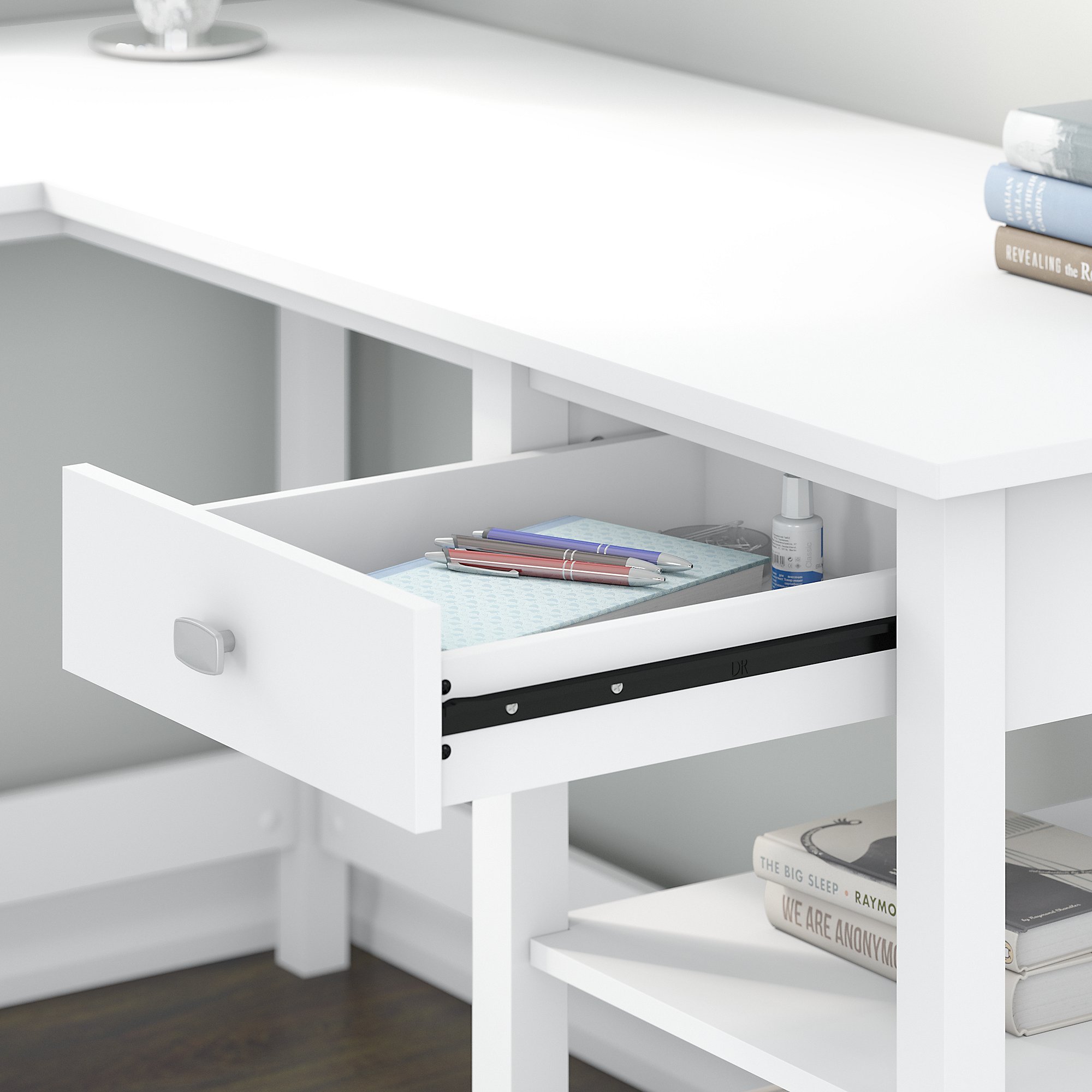 White Single Pedestal L-Desk - Broadview-2