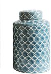 13 Inch Blue and White Stoneware Ginger Jar with Lid