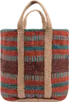 Clearance Coral and Teal Striped Jute Bag with Handles