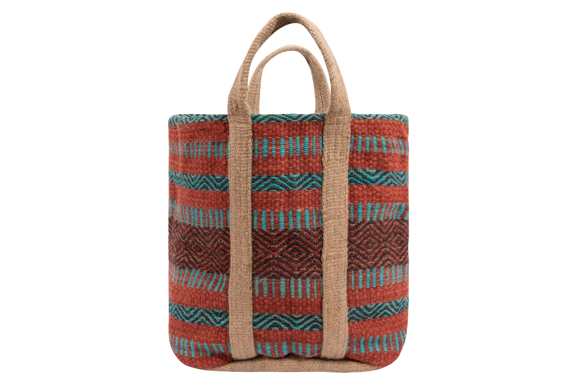Coral and Teal Striped Jute Bag with Handles-1