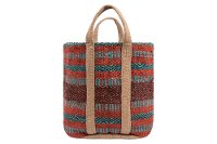 Coral and Teal Striped Jute Bag with Handles