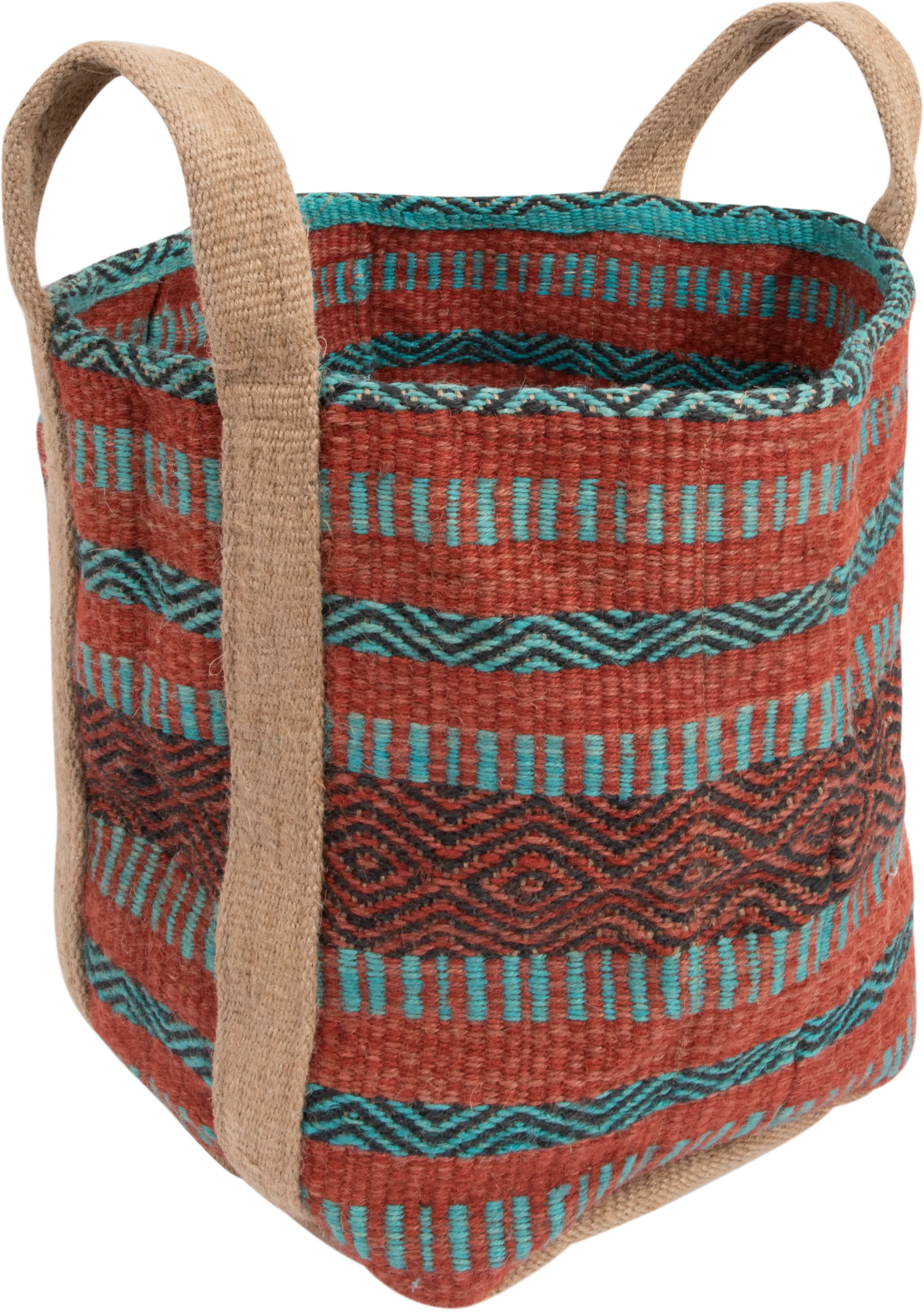 Coral and Teal Striped Jute Bag with Handles-2