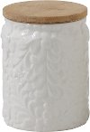 5 Inch White Embossed Ceramic Canister with Bamboo Lid