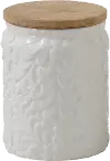 Clearance 5 Inch White Embossed Ceramic Canister with Bamboo Lid