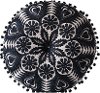 Round Black Embroidered Throw Pillow with Pom-Pom Trim
