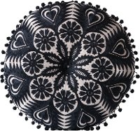 Round Black Embroidered Throw Pillow with Pom-Pom Trim