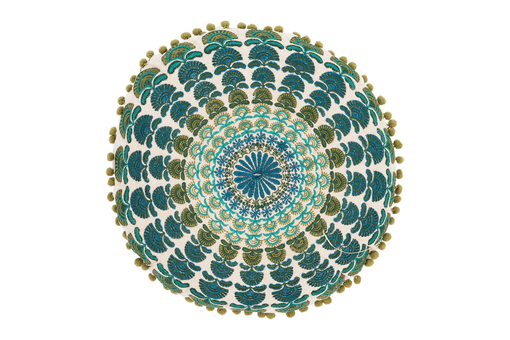 Blue and Green Embroidered Round Throw Pillow-1