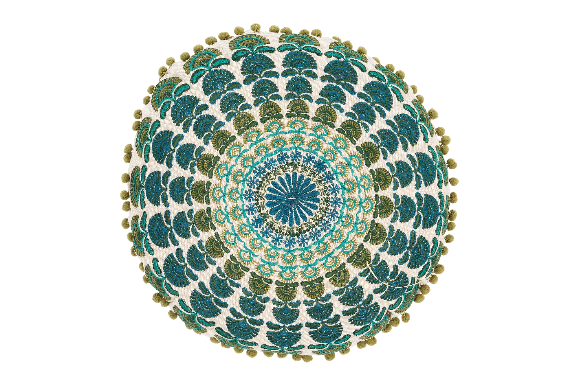 Blue and Green Embroidered Round Throw Pillow-1