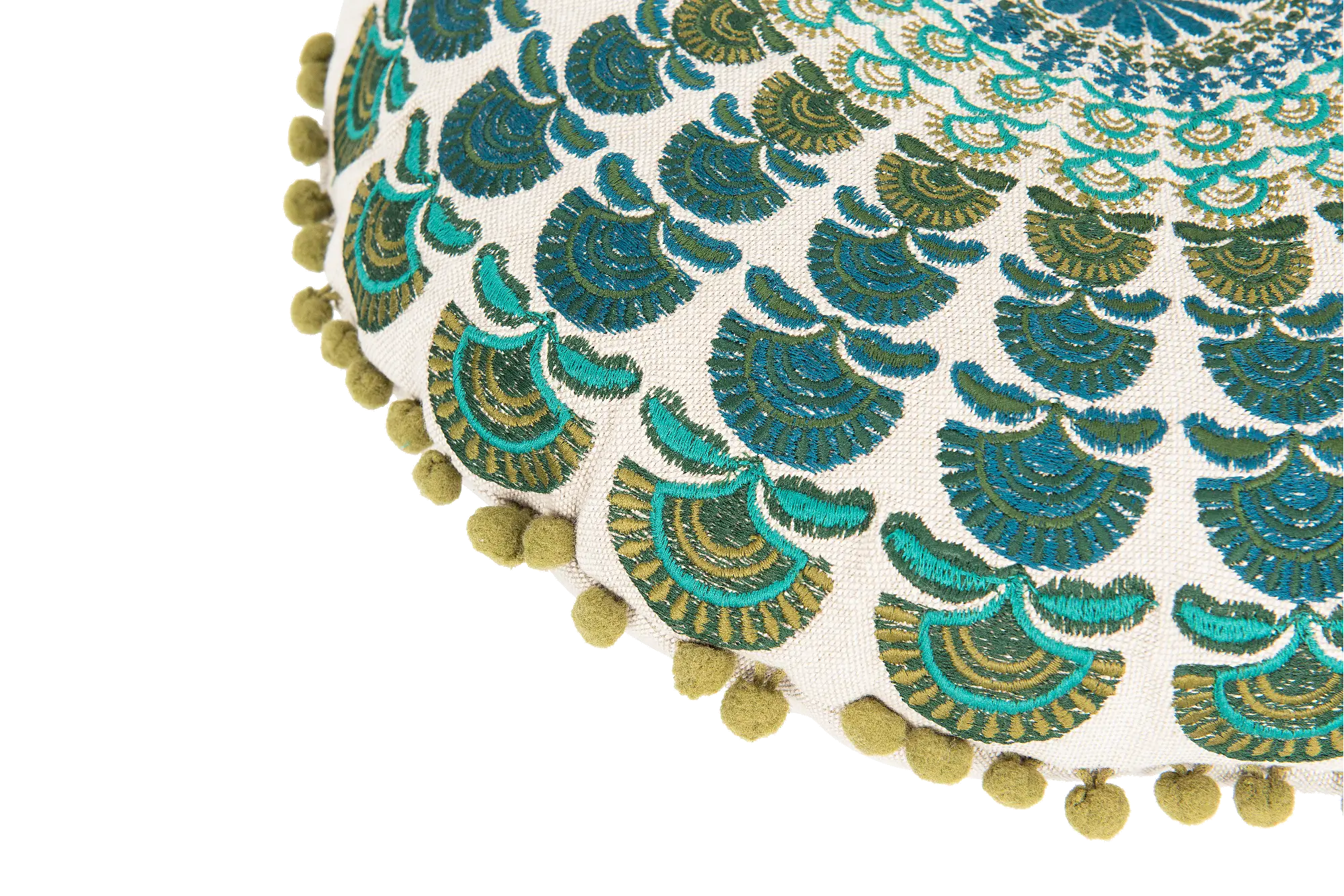 Blue and Green Embroidered Round Throw Pillow-2