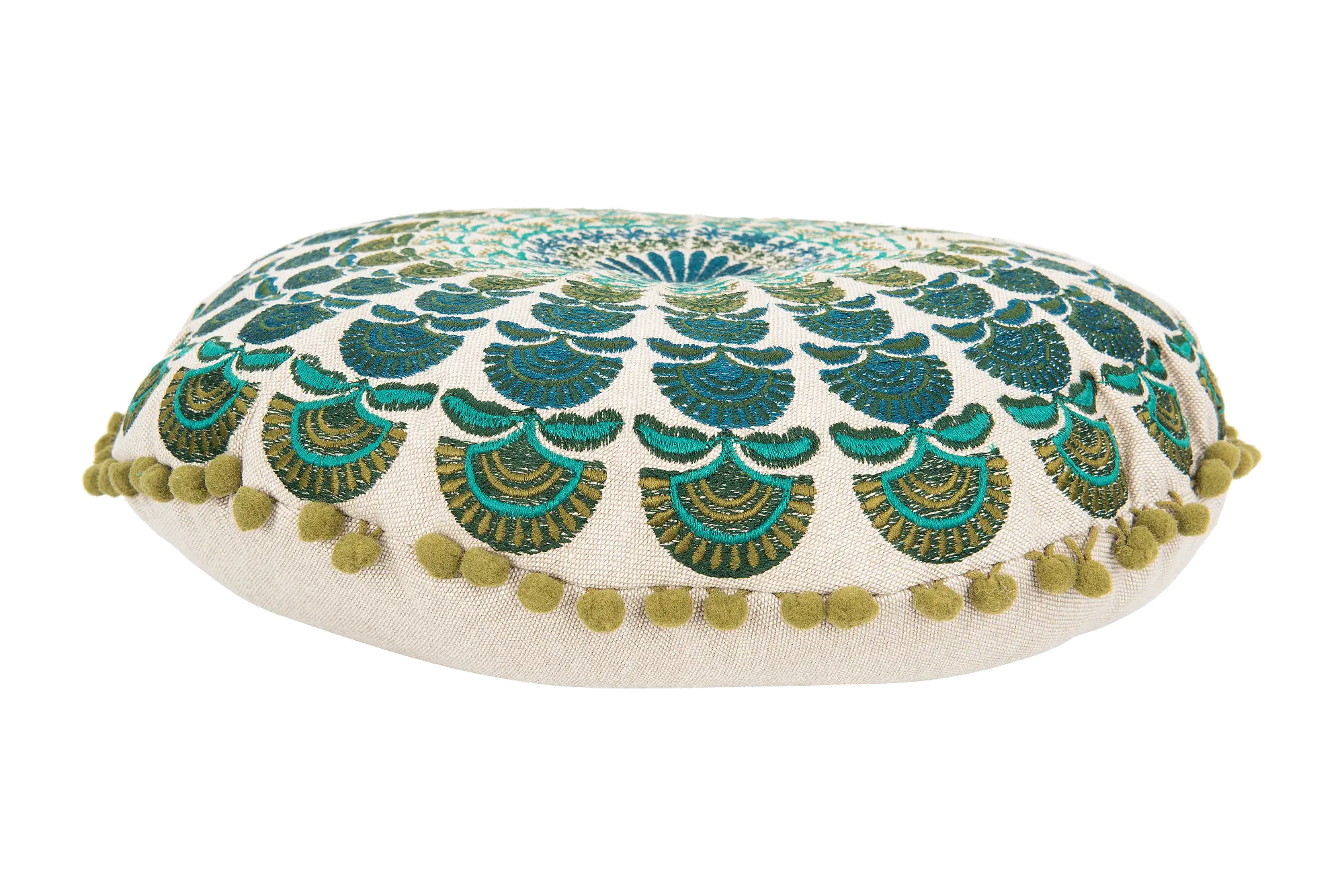 Blue and Green Embroidered Round Throw Pillow-3