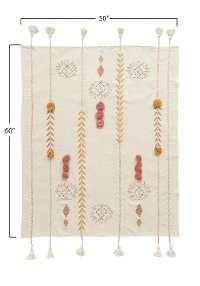 Cream Embroidered Throw Blanket with Tassels and Applique-3
