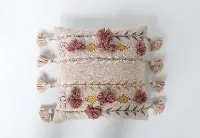 Pink Cotton Embroidered Throw Pillow with Tassels