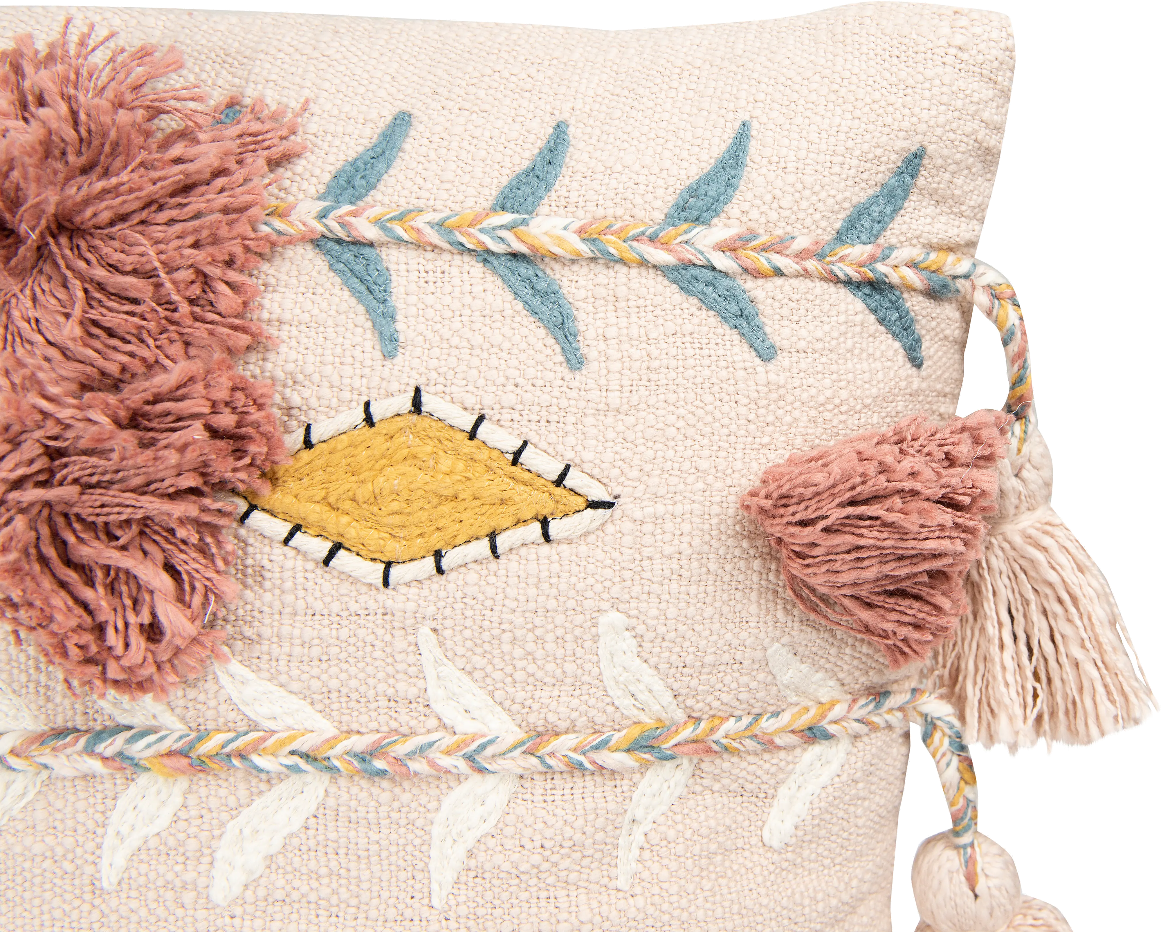 Pink Cotton Embroidered Throw Pillow with Tassels-3
