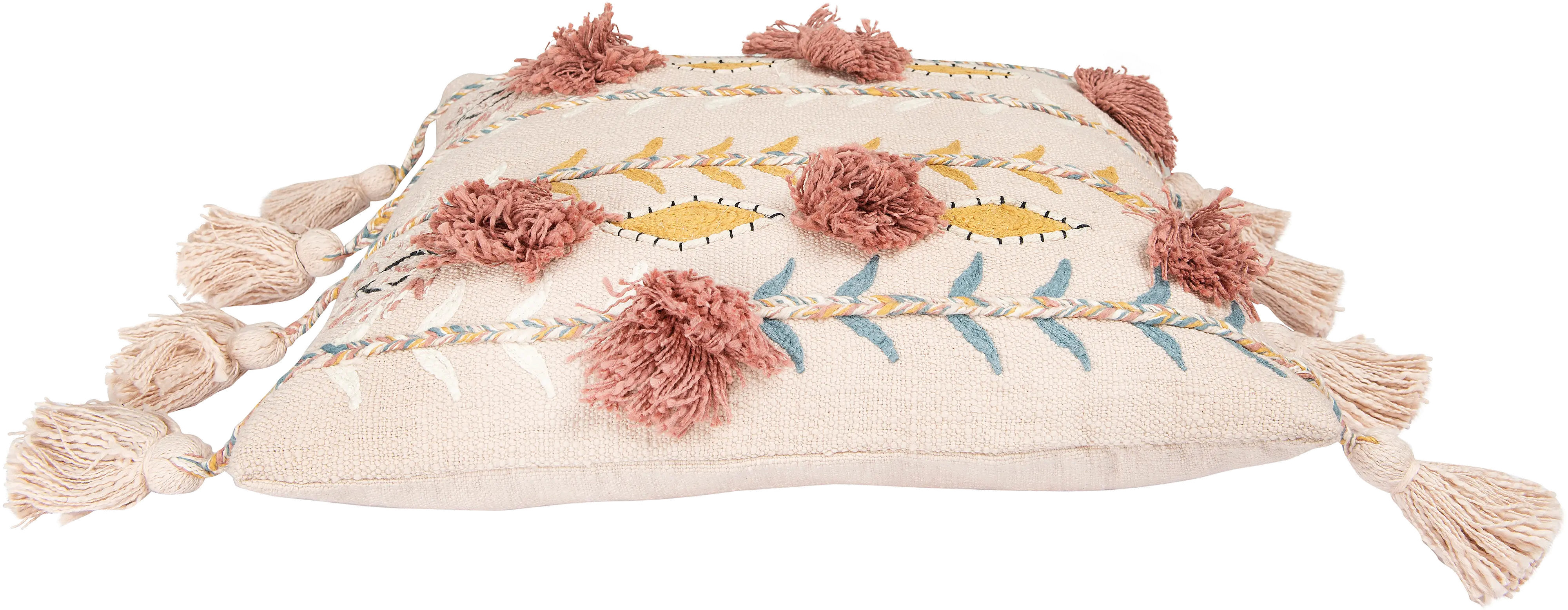 Pink Cotton Embroidered Throw Pillow with Tassels-4