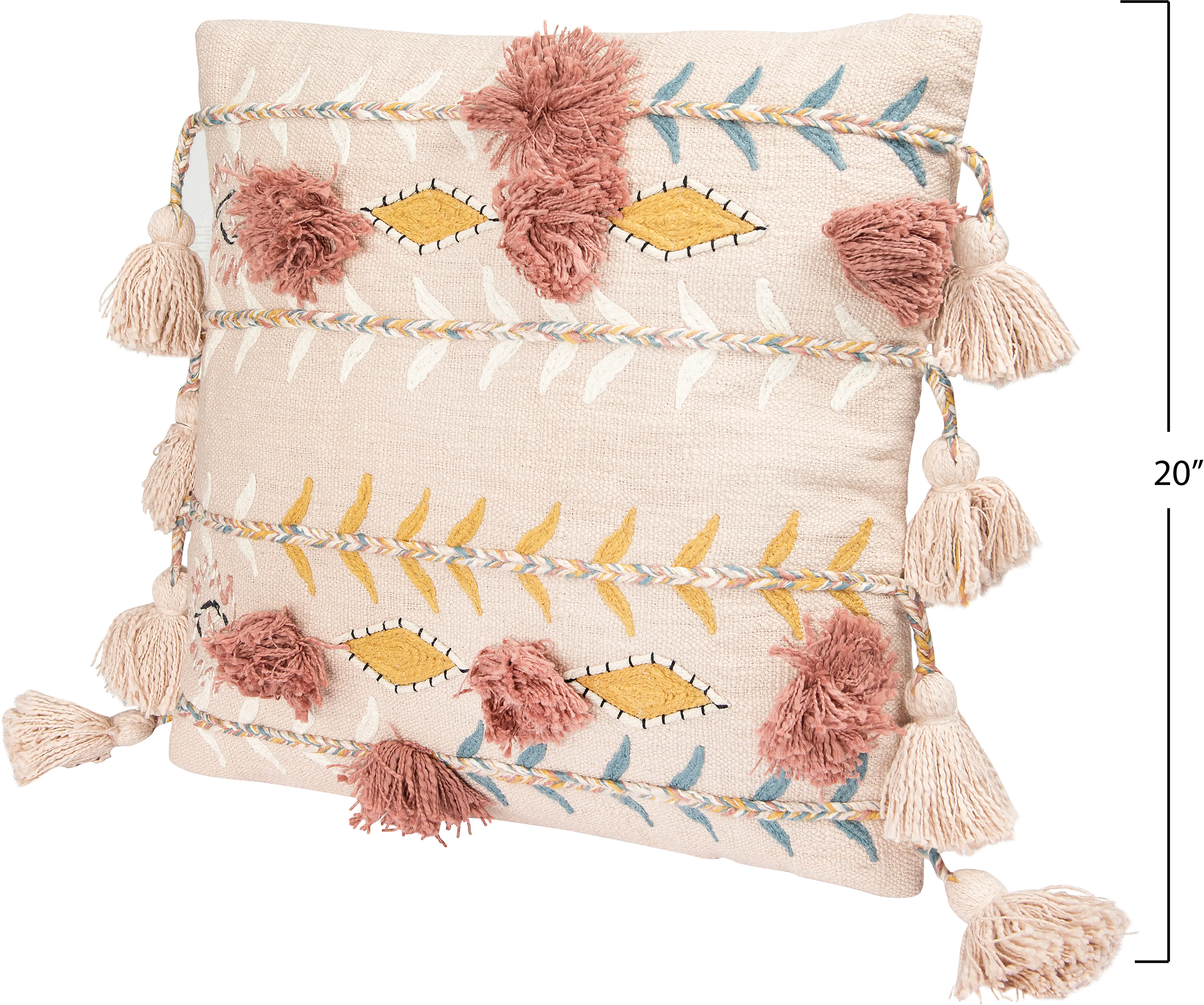 Pink Cotton Embroidered Throw Pillow with Tassels-5