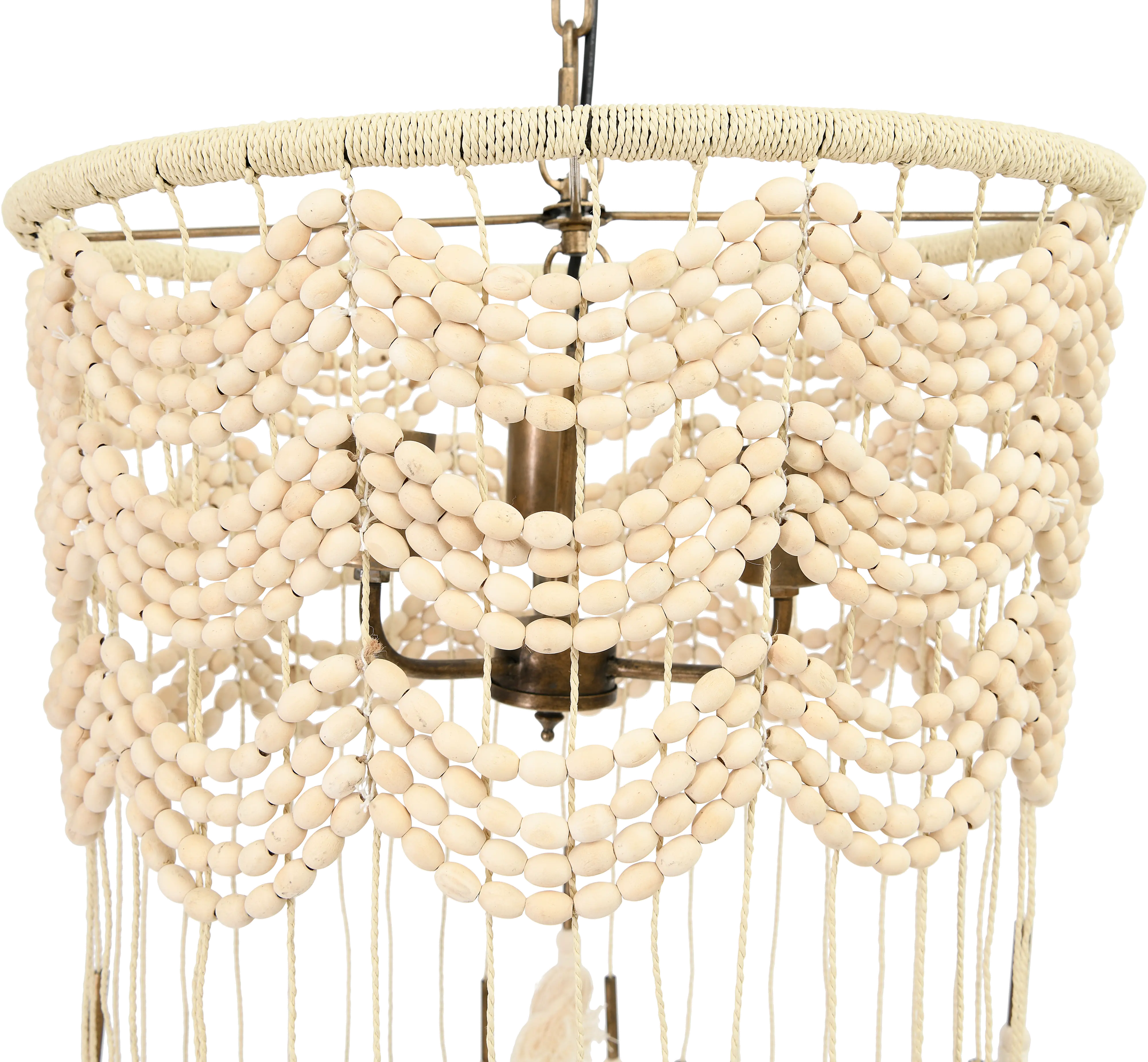 Cotton, Metal and Wood Bead Pendant Lamp with Tassels-1