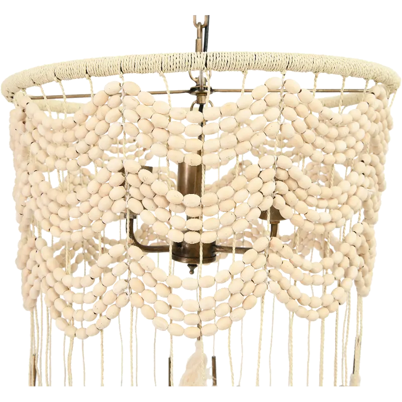Cotton, Metal and Wood Bead Pendant Lamp with Tassels