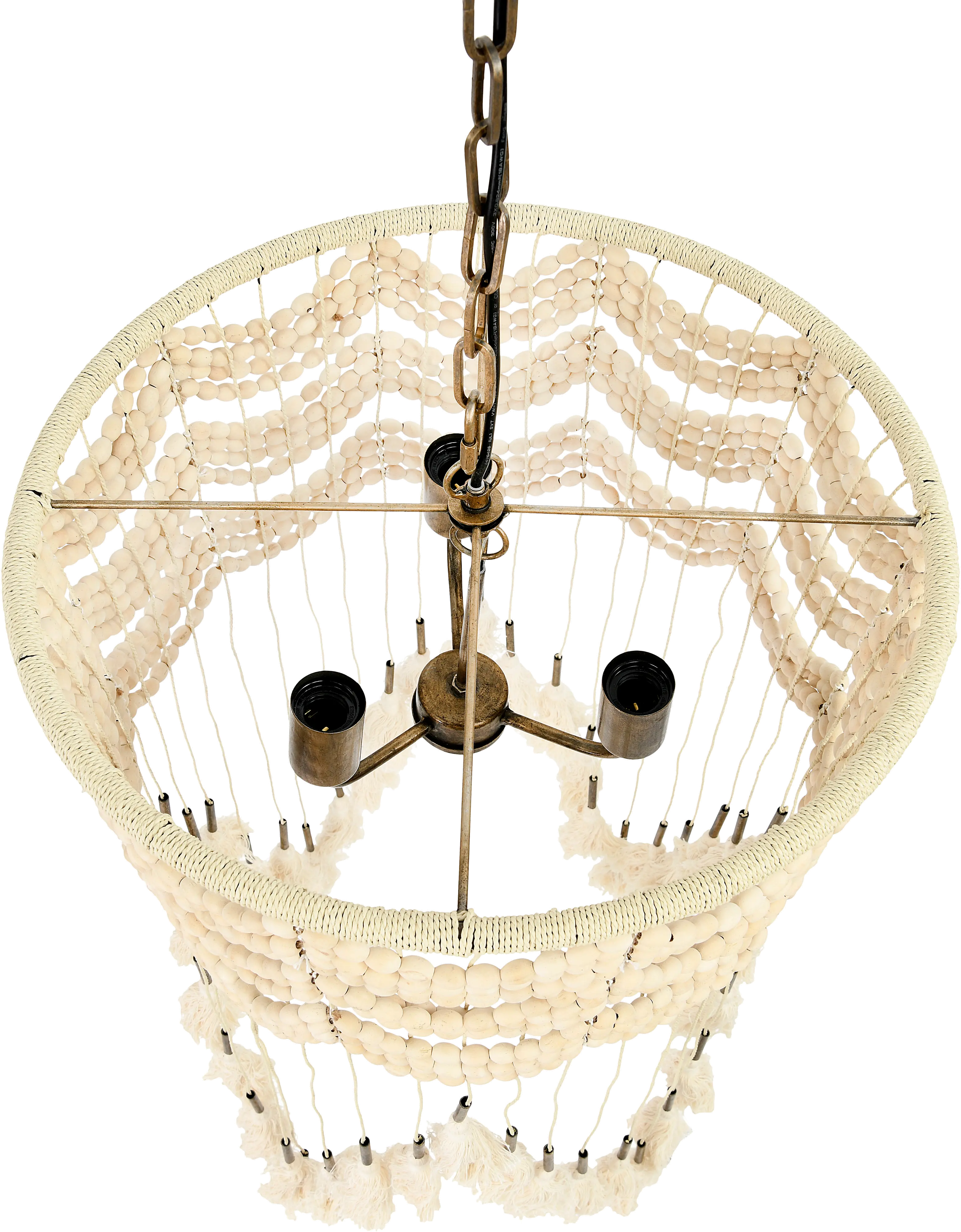 Cotton, Metal and Wood Bead Pendant Lamp with Tassels-3