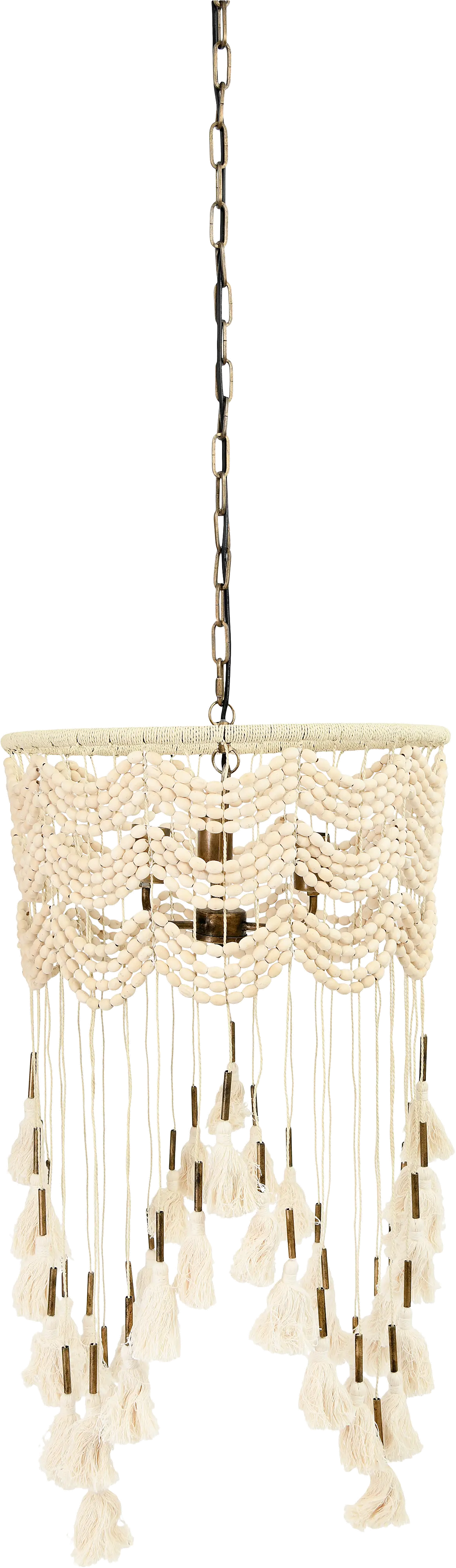 Cotton, Metal and Wood Bead Pendant Lamp with Tassels-4