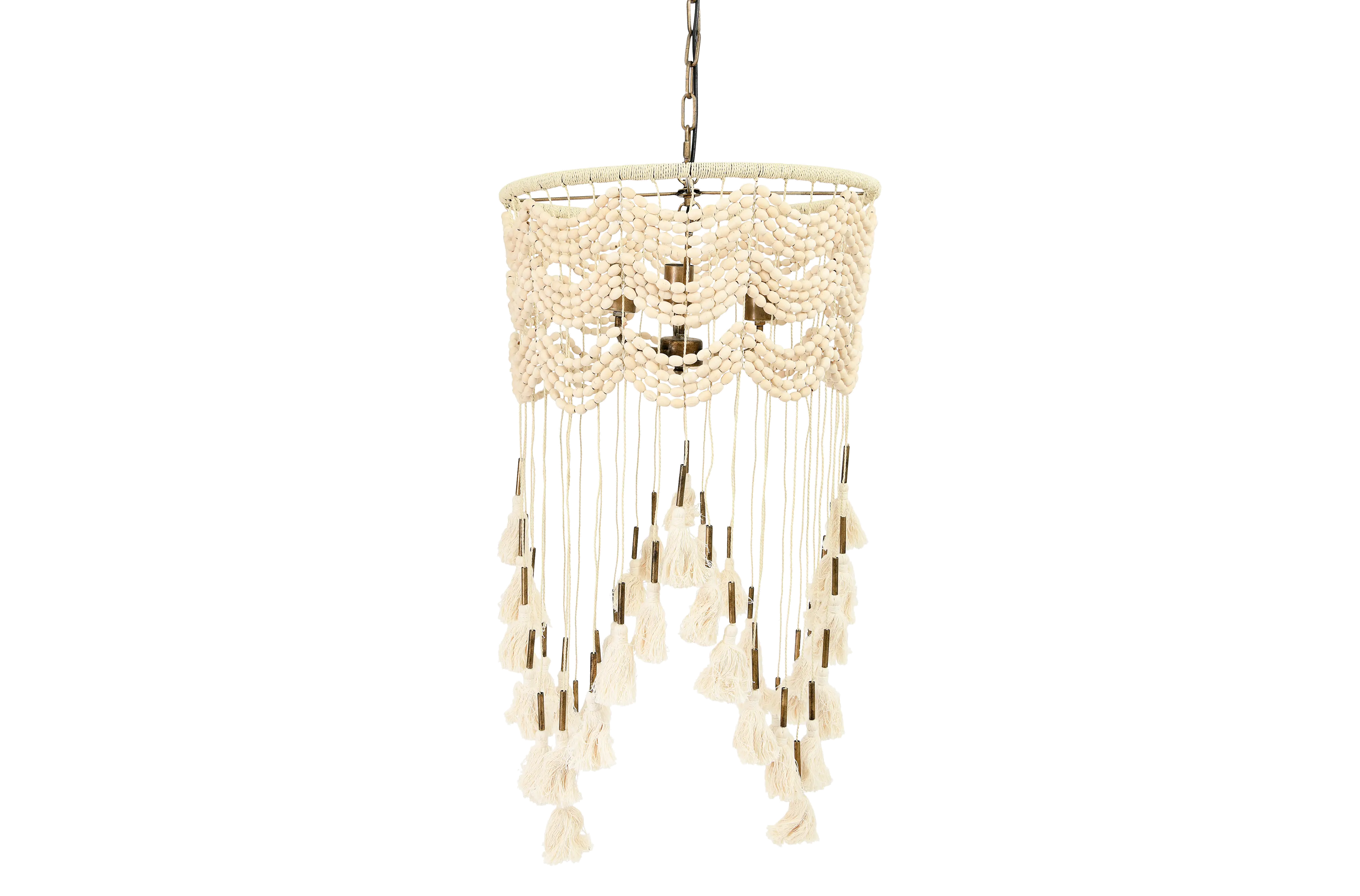 Cotton, Metal and Wood Bead Pendant Lamp with Tassels-7