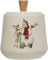 Off White Stoneware Canister with Snowman and Wood Knob