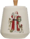 Off White Stoneware Canister with Santa and Wooden Knob