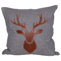 Gray Throw Pillow with Leather Applique Reindeer