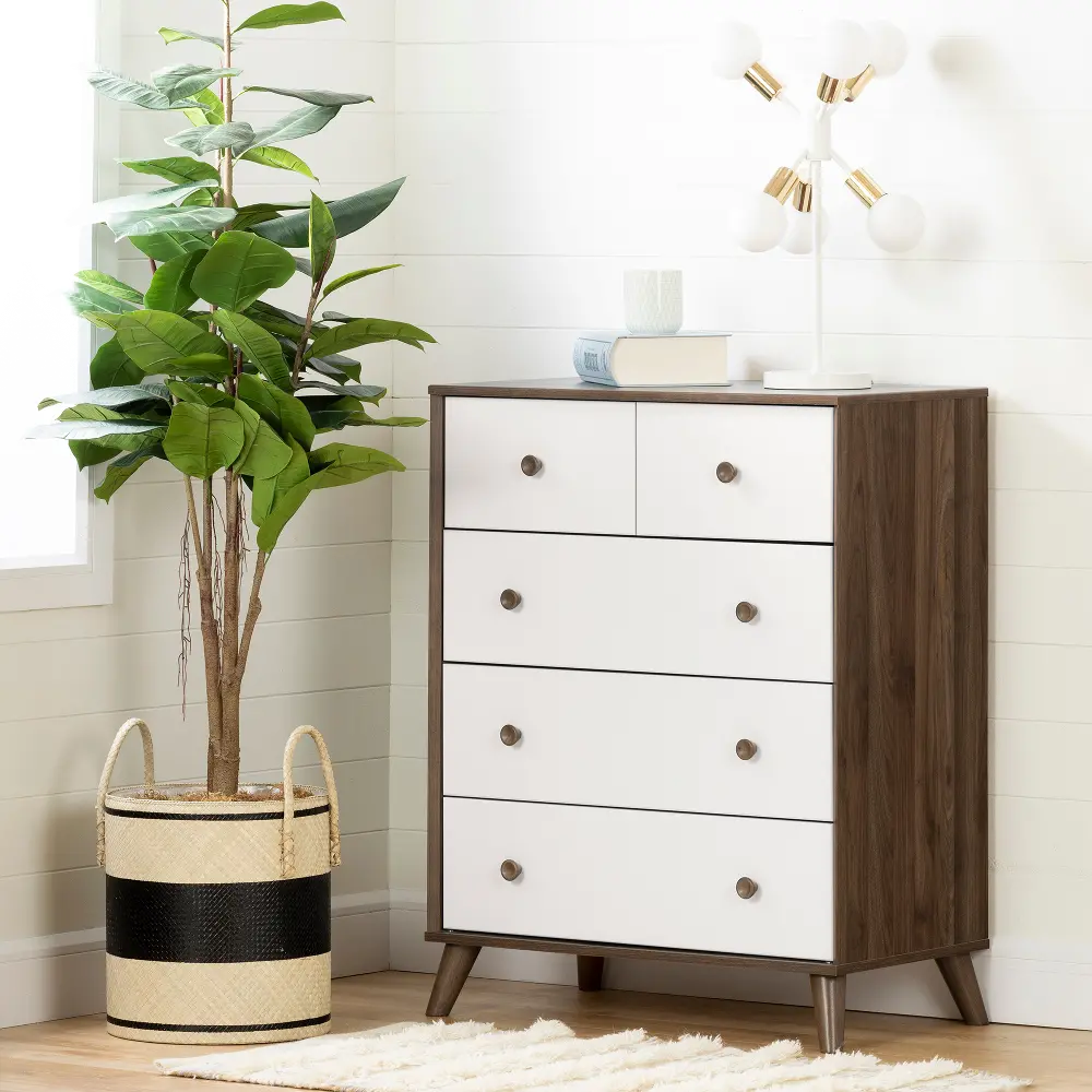 12180 Yodi Modern Walnut Brown and White Chest of Drawers - South Shore-1