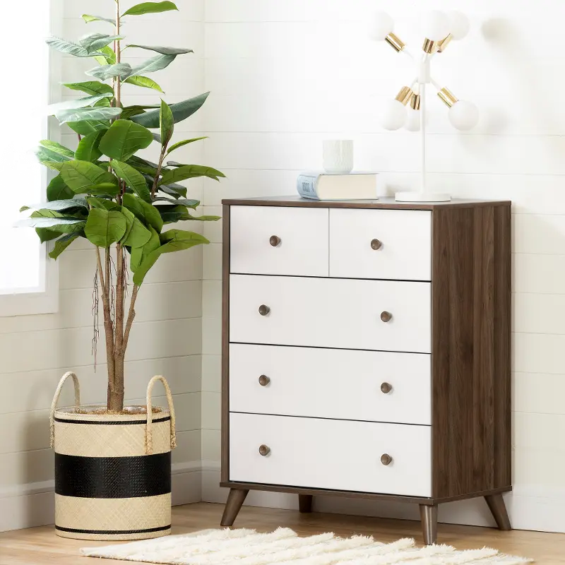 12180 Yodi Modern Walnut Brown and White Chest of Drawers - South Shore