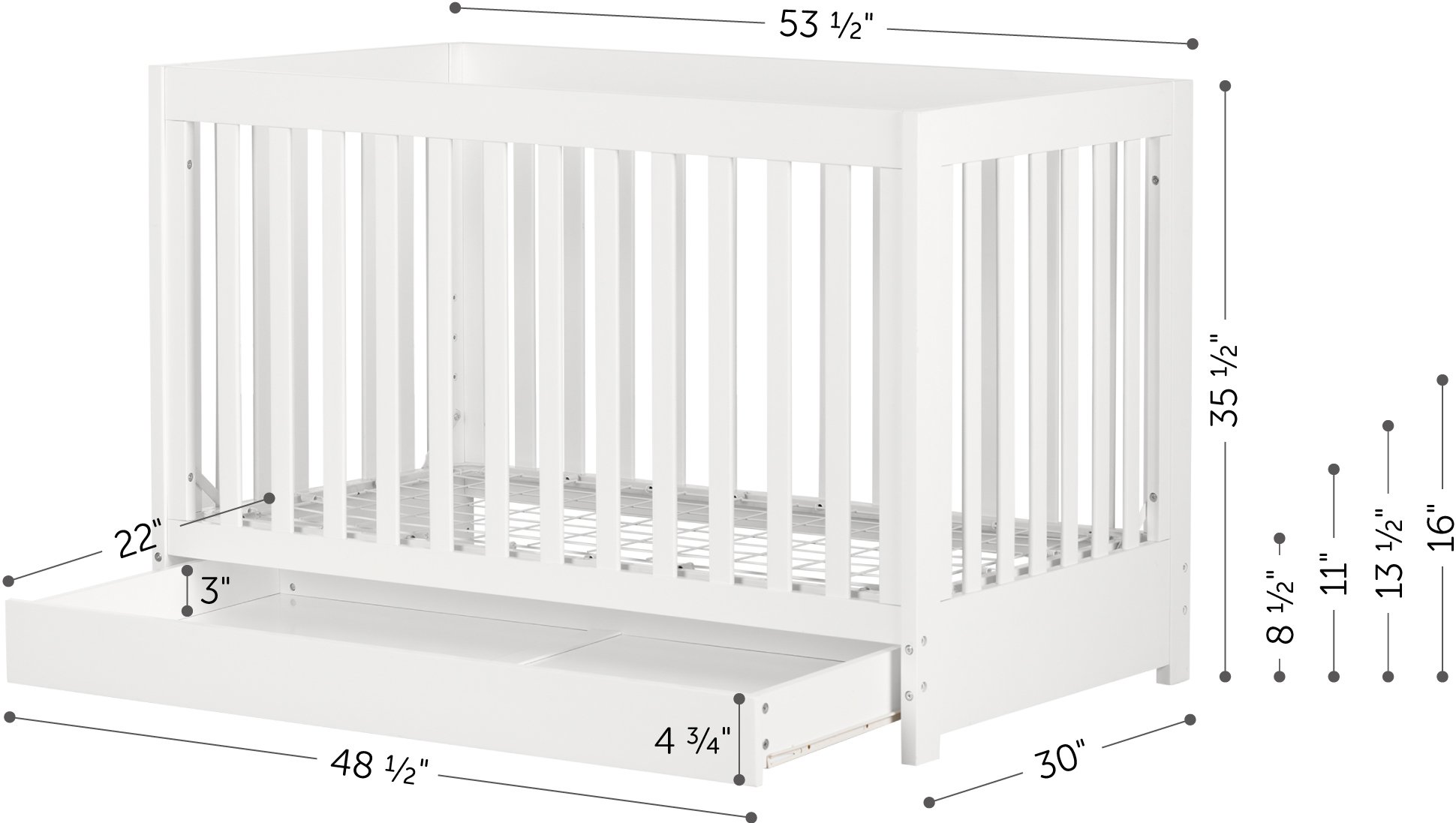 12309 Yodi Modern White Crib with Drawer and Toddler Rail-5