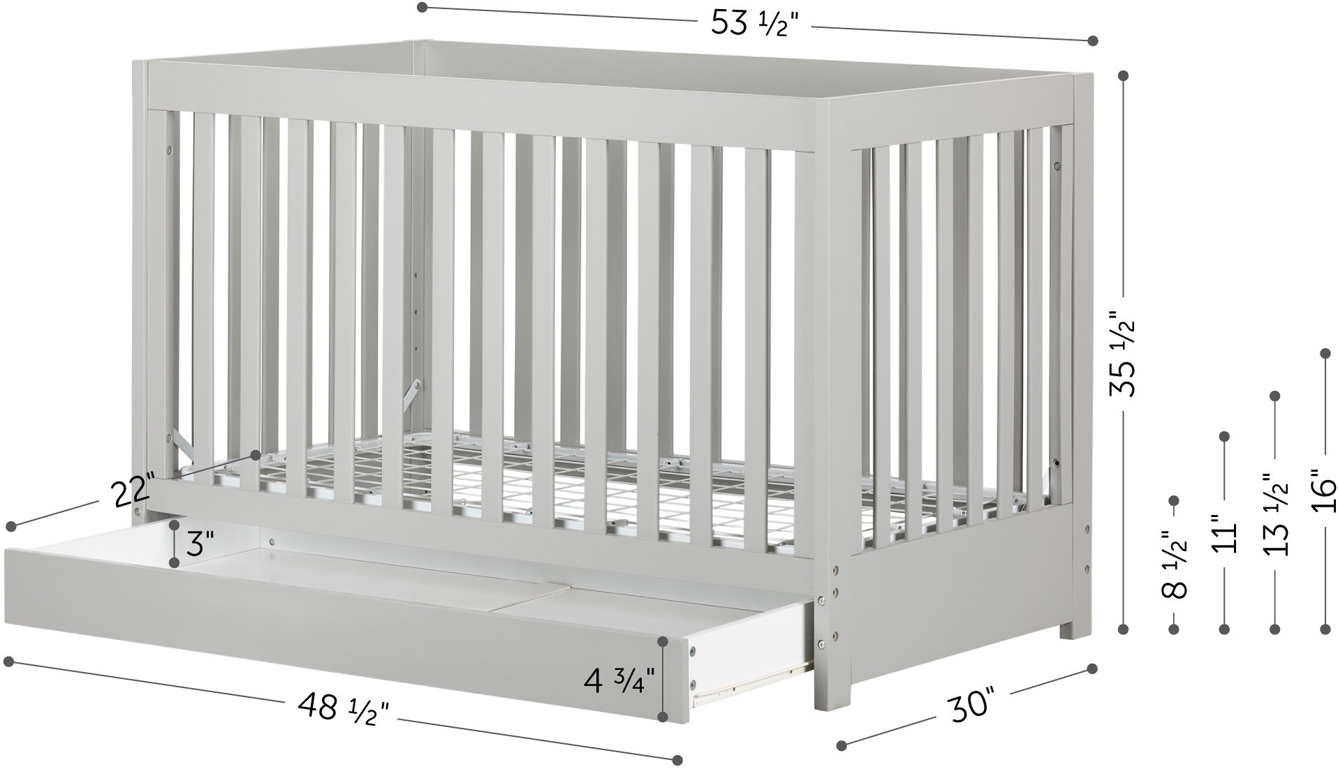 12310 Yodi Modern Light Gray Crib with Drawer and Toddler Rail-6