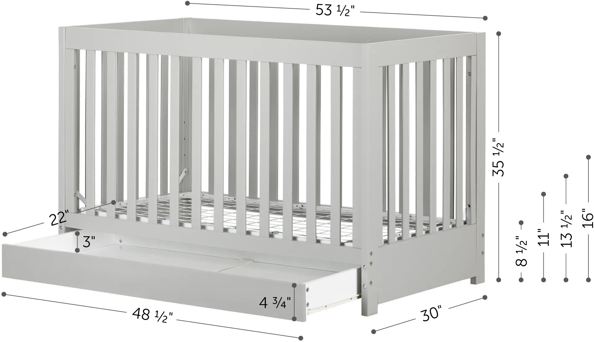 12310 Yodi Modern Light Gray Crib with Drawer and Toddler Rail-6