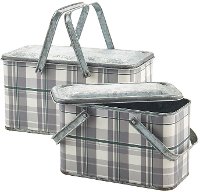 11 Inch White and Gray Plaid Galvanized Metal Picnic Basket