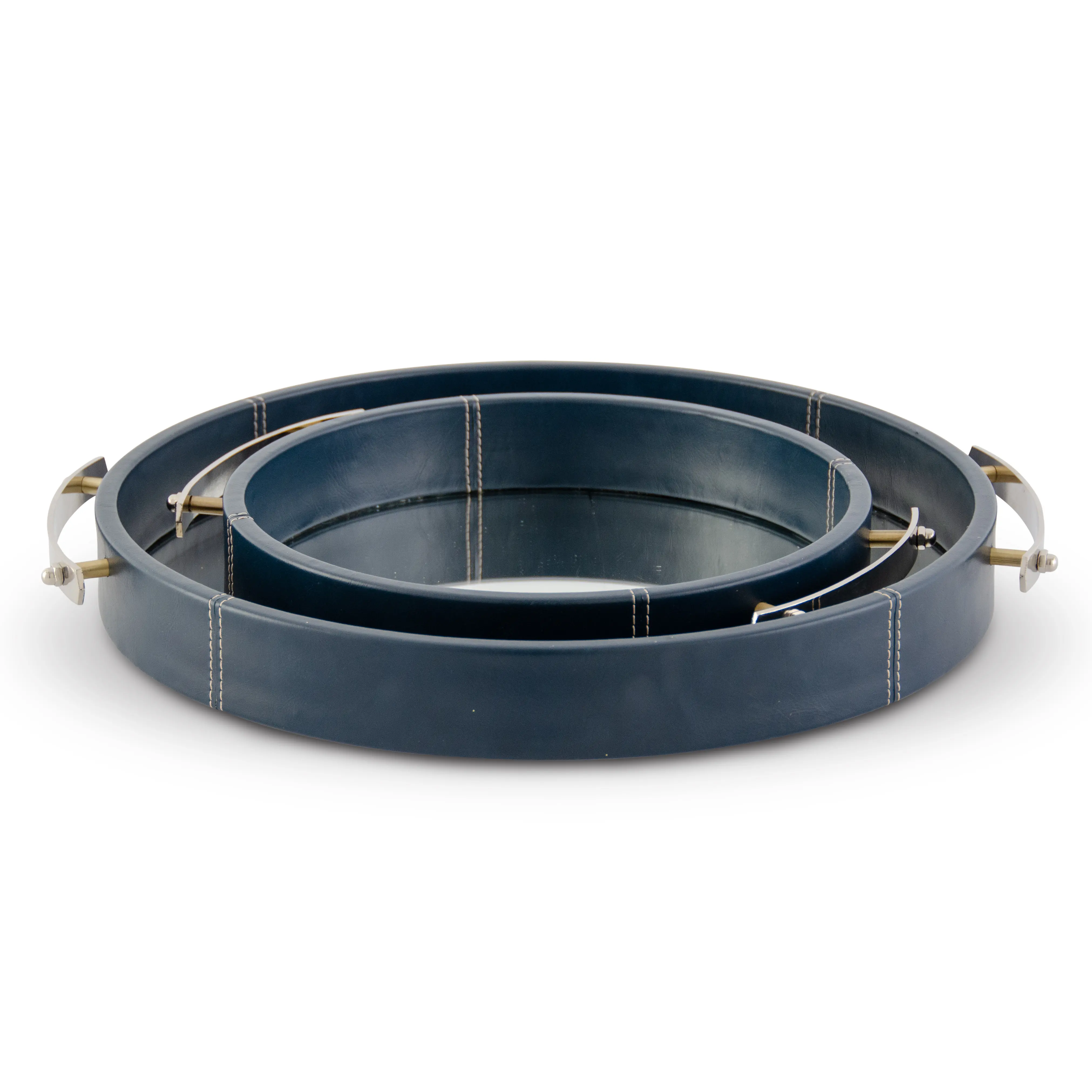 16 Inch Navy Blue Mirrored Tray with Handles-3