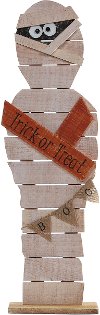 Tan and Orange Wood Standing Mummy Trick or Treat