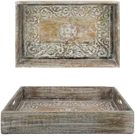 Rustic Brown Mango Wood Carved Tray with Cut Out Handles