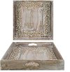 Rustic Brown Wood Carved Square Tray with Cut Out Handles