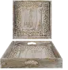 Rustic Brown Wood Carved Square Tray with Cut Out Handles