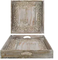 Rustic Brown Wood Carved Square Tray with Cut Out Handles