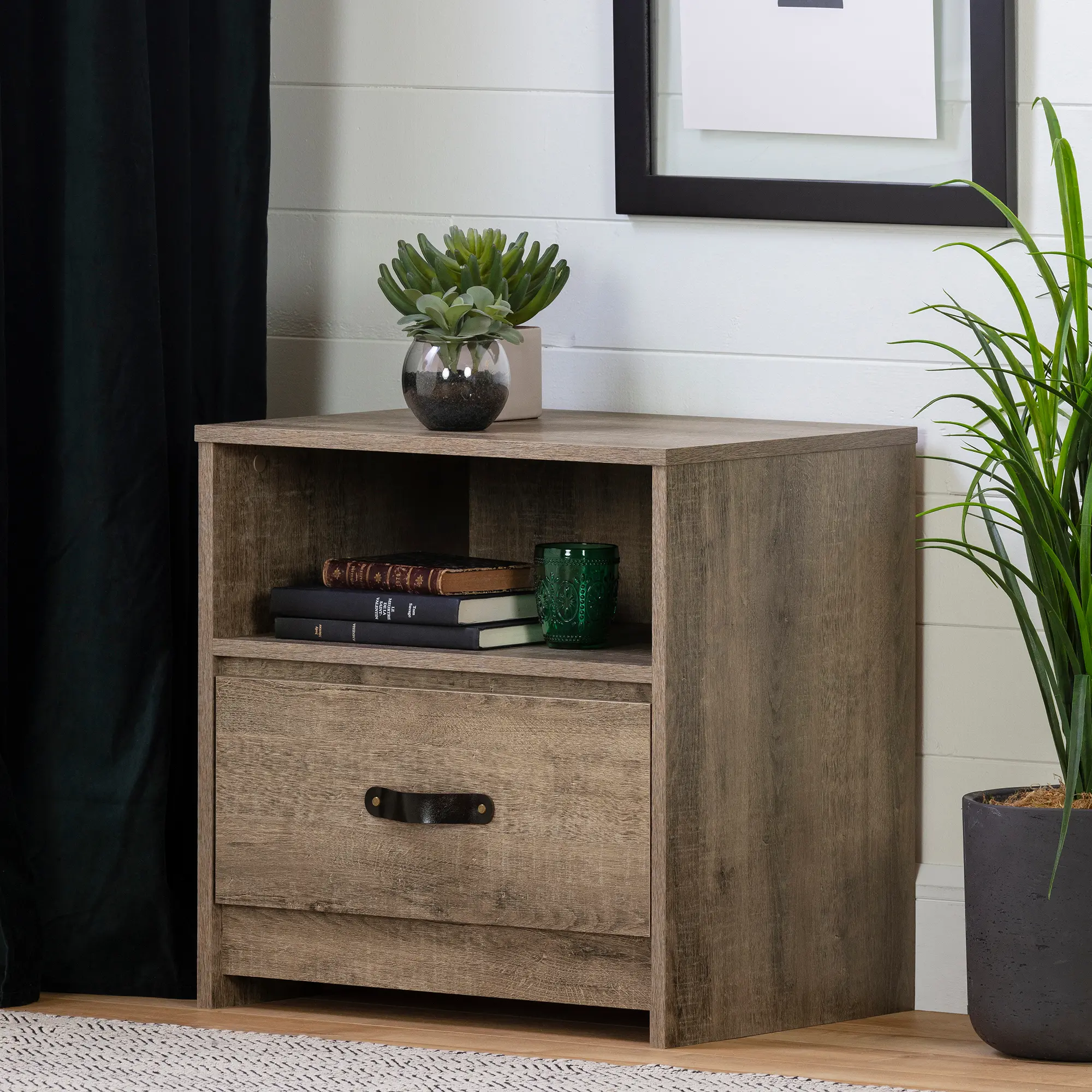 12664 Weathered Oak Nightstand with Leather Handle - Sazena-1