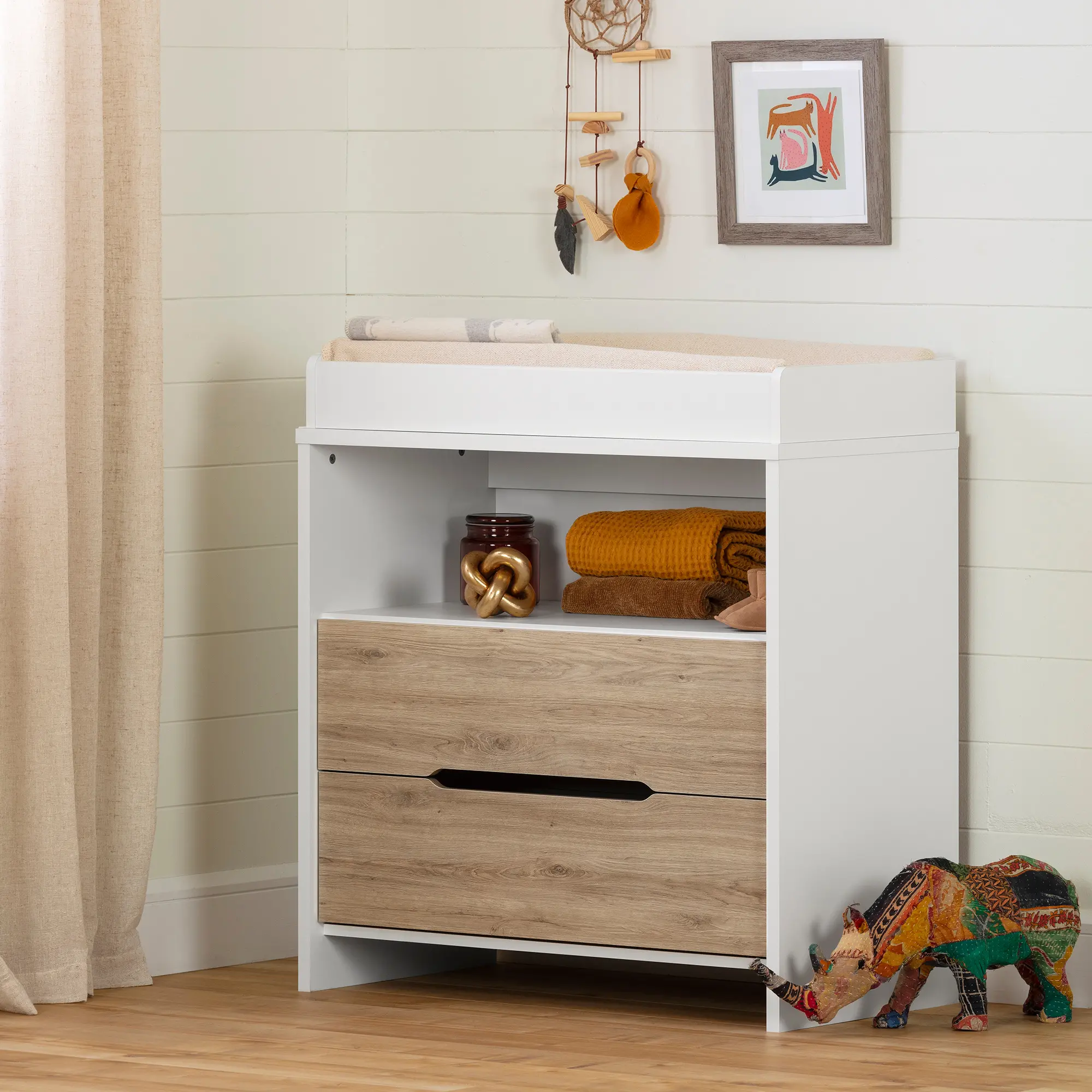 12676 Contemporary White and Oak 2-Drawer Changing Table - Cookie-1