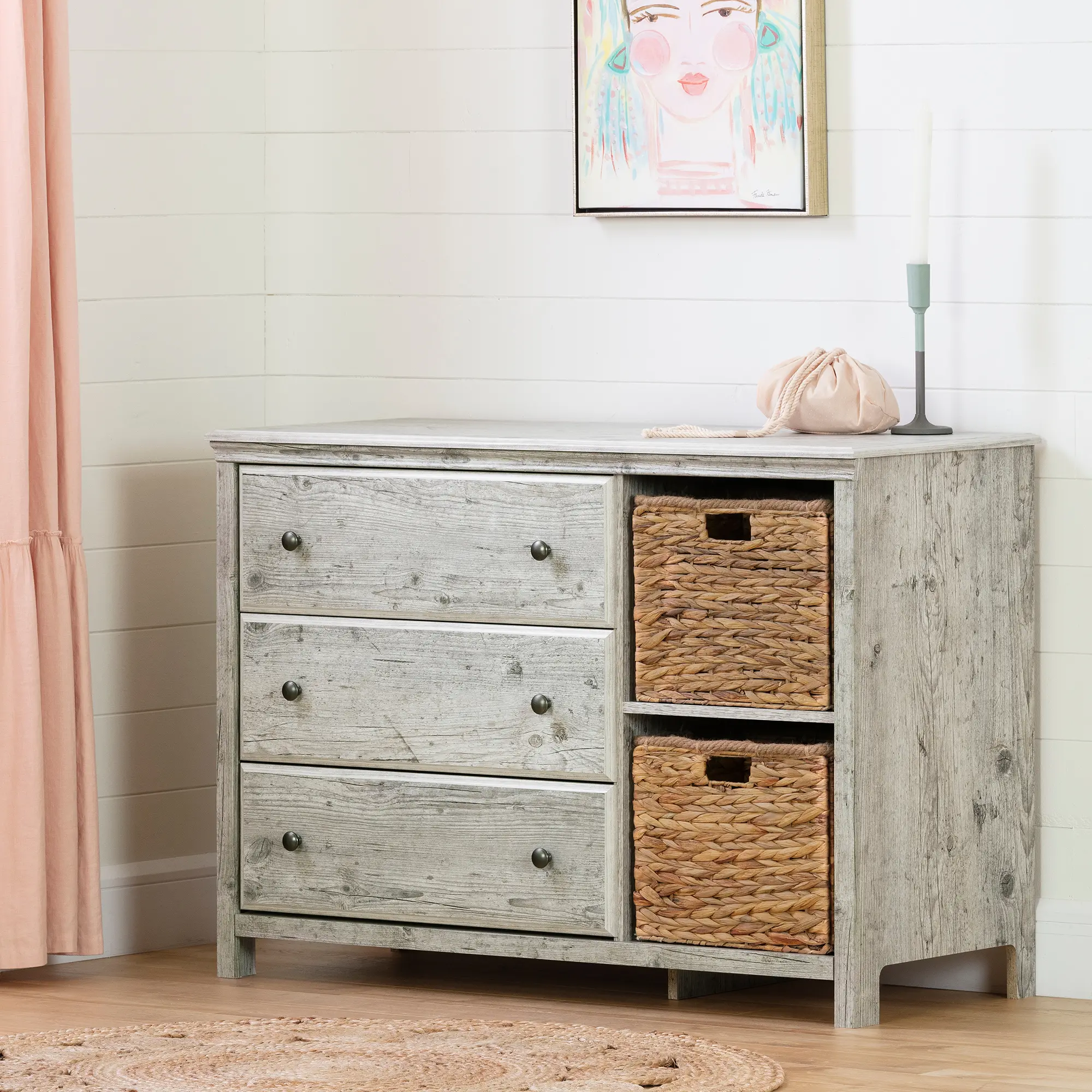 12687 Classic Seaside Pine 3 Drawer Dresser with Baskets - Cotton Candy-1