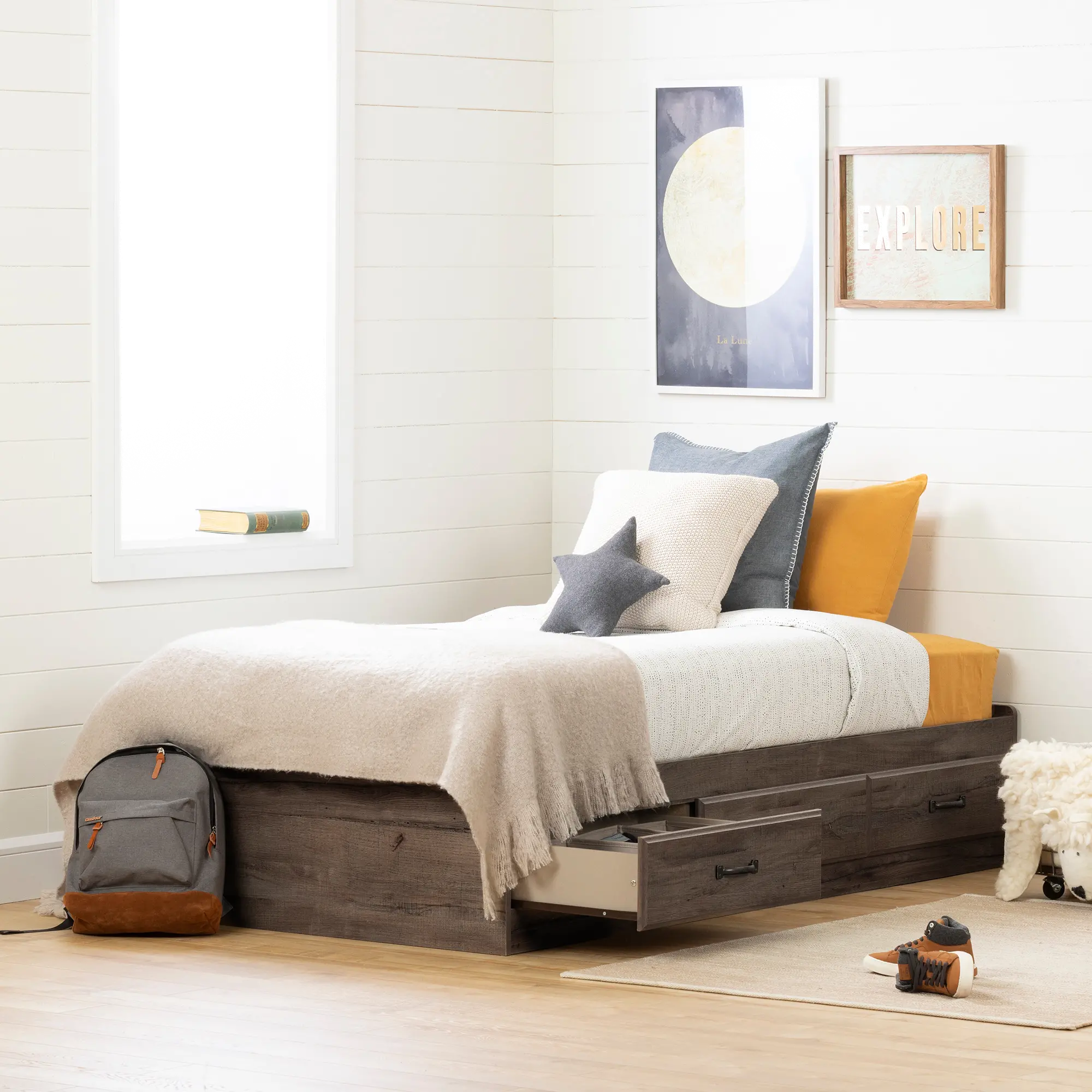 12733 Contemporary Fall Oak Twin Storage Platform Bed - Asten-1