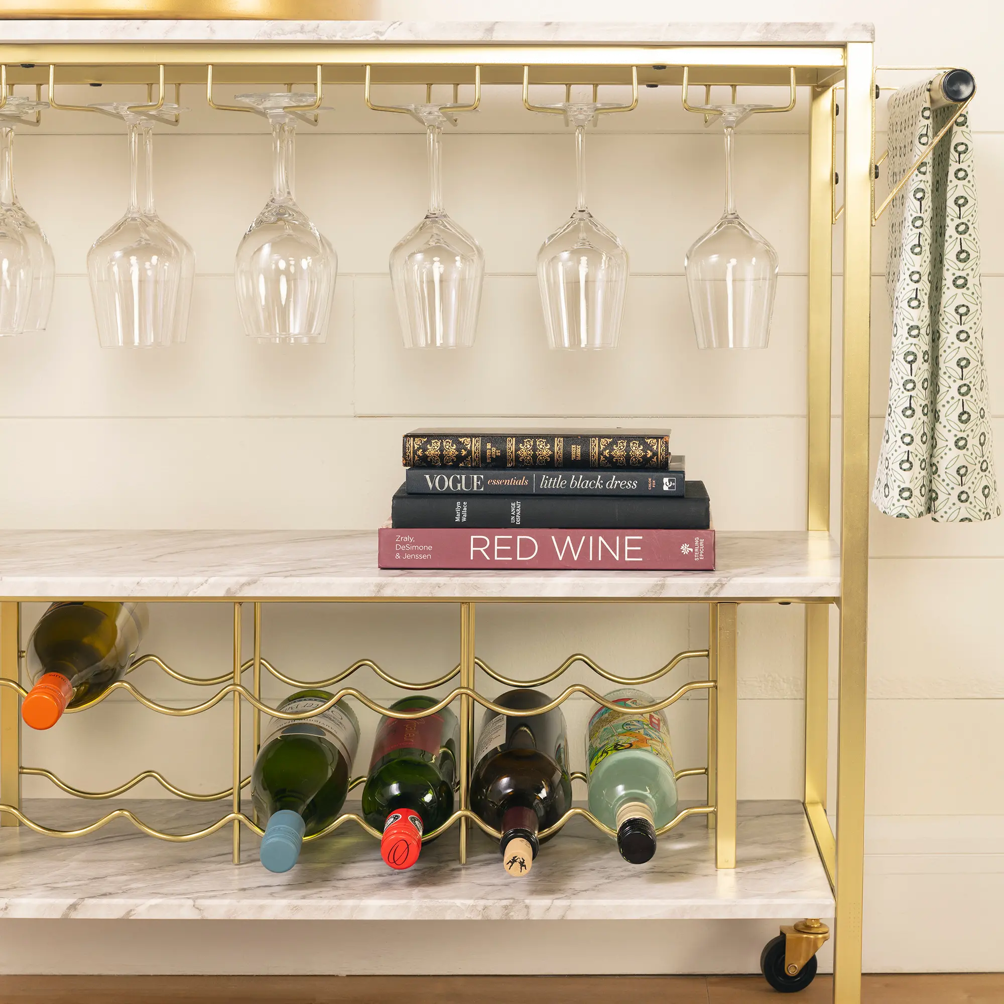 12804 White Faux Marble and Gold Bar Cart - Maliza-2