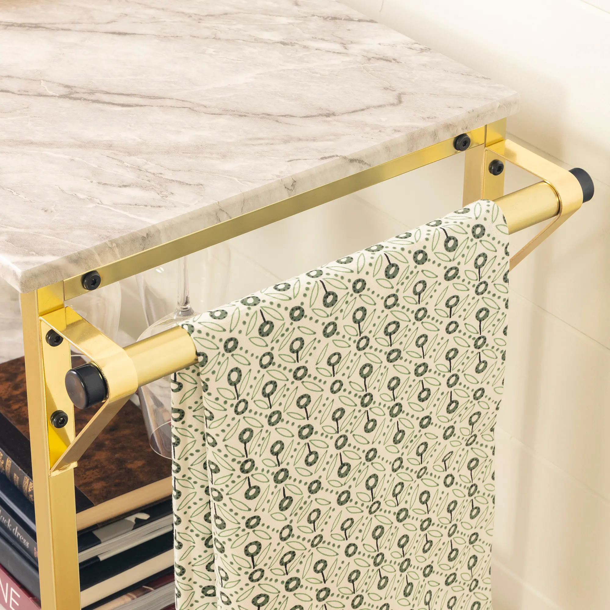 12804 White Faux Marble and Gold Bar Cart - Maliza-3