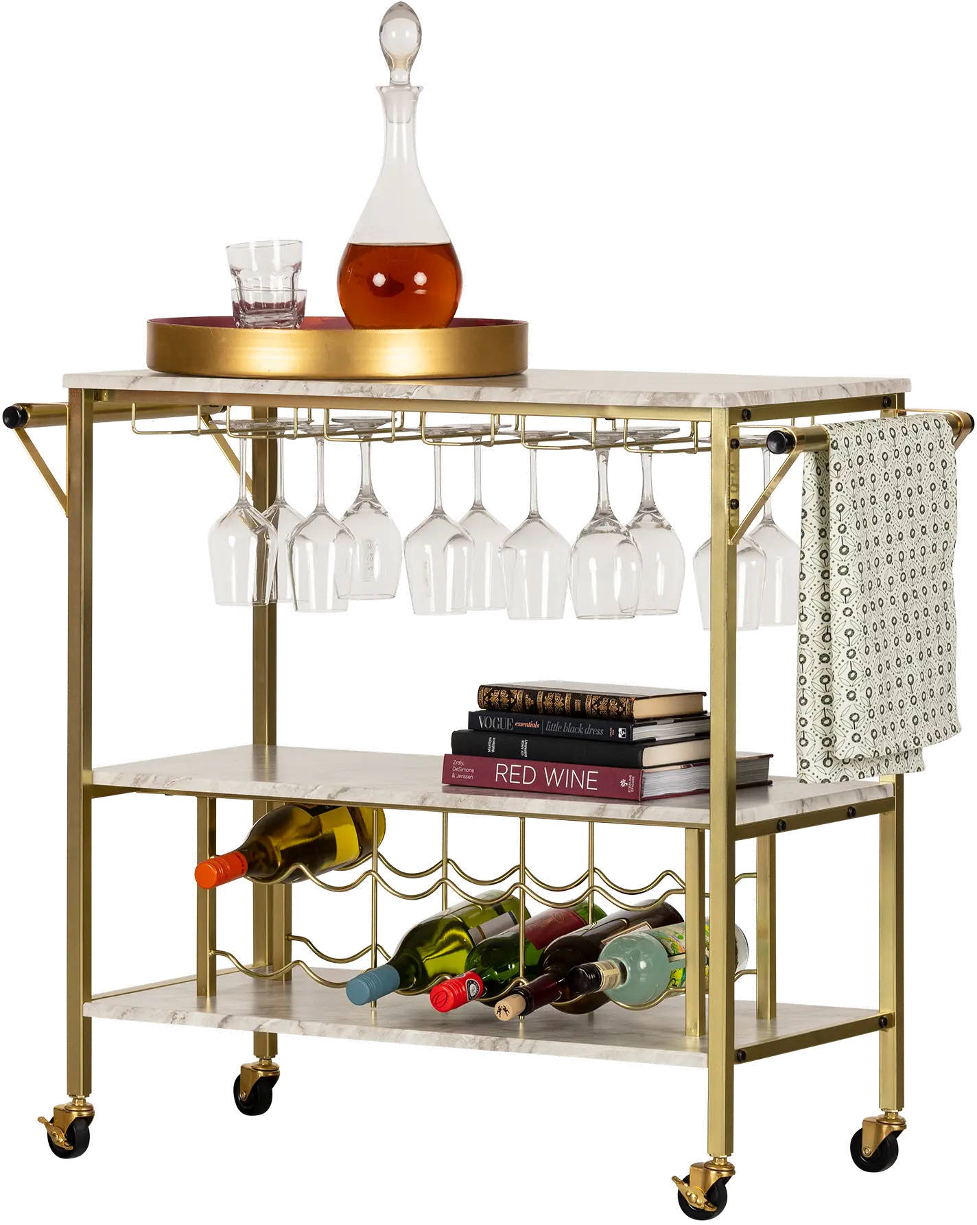 12804 White Faux Marble and Gold Bar Cart - Maliza-5