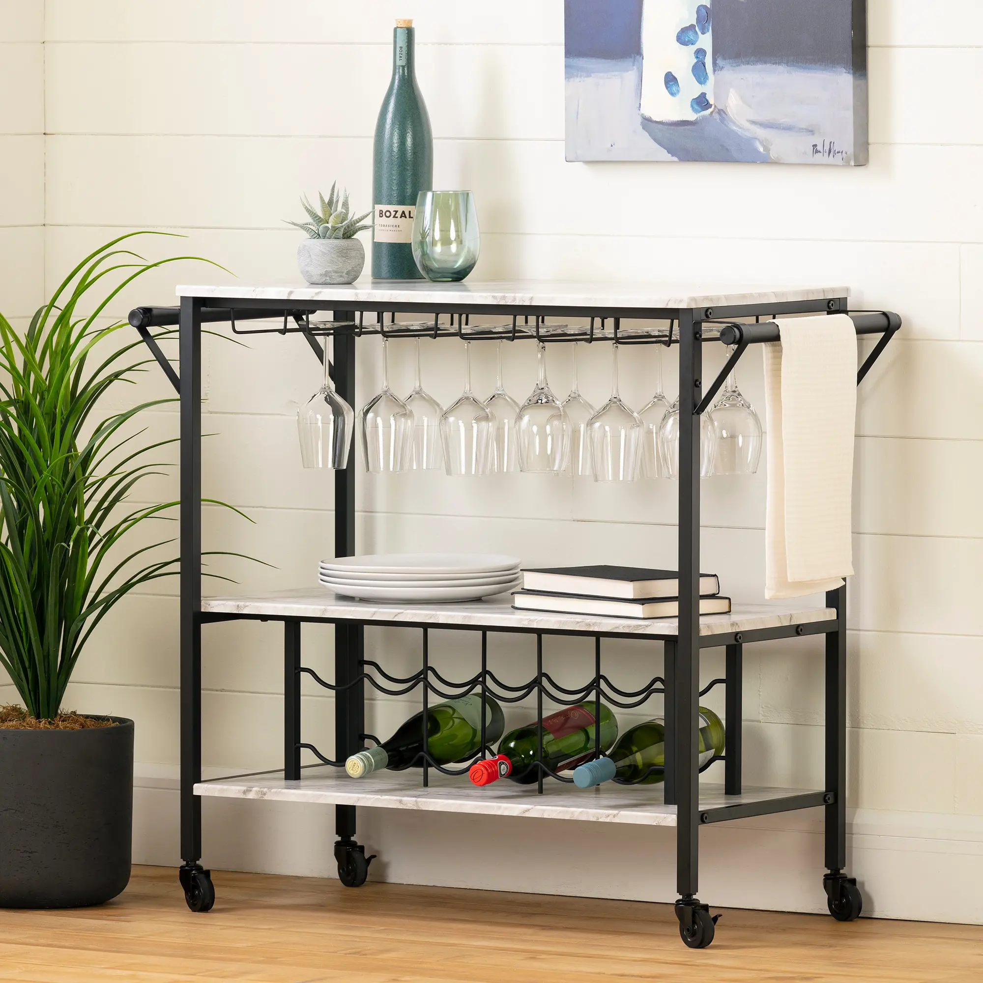 12805 Maliza White Faux Marble and Black Bar Cart-1