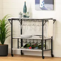 12805 Maliza White Faux Marble and Black Bar Cart