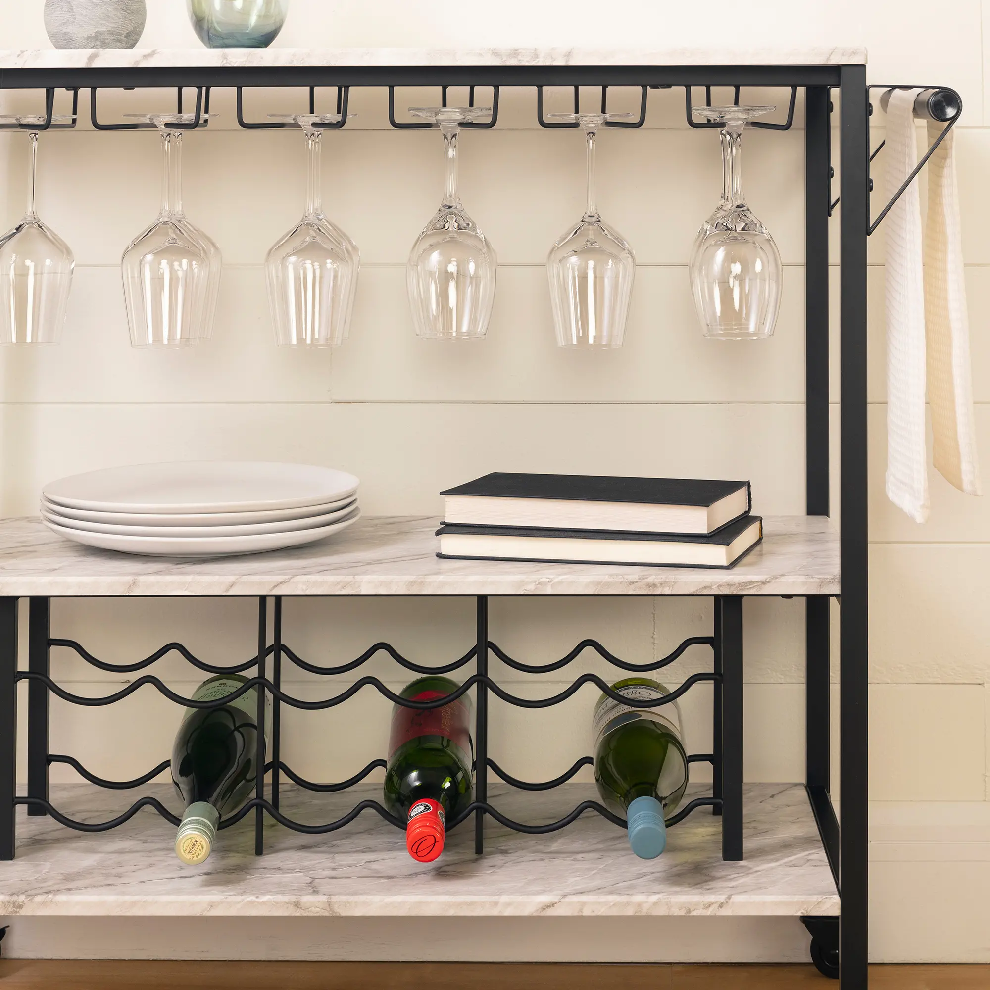 12805 Maliza White Faux Marble and Black Bar Cart-2
