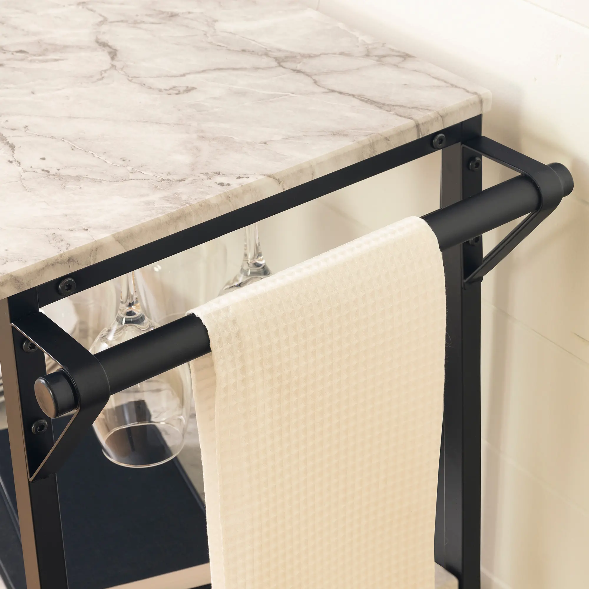 12805 Maliza White Faux Marble and Black Bar Cart-3